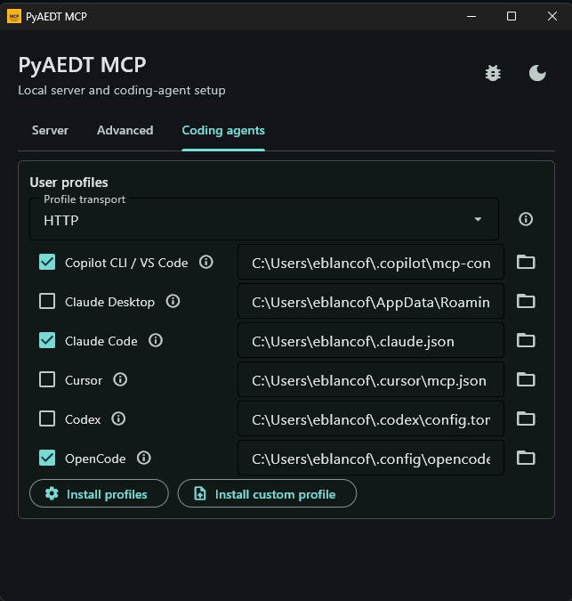 PyAEDT MCP desktop app Coding agents tab