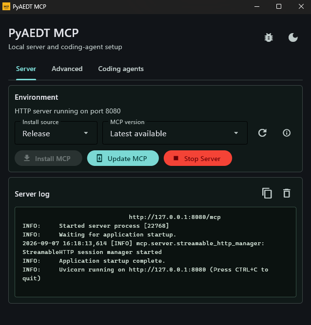 PyAEDT MCP desktop app Server tab
